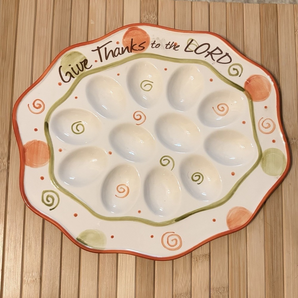Deviled Egg Plate Thanksgiving Ceramic Scalloped Serving Dish Give Thanks - Picture 2 of 8